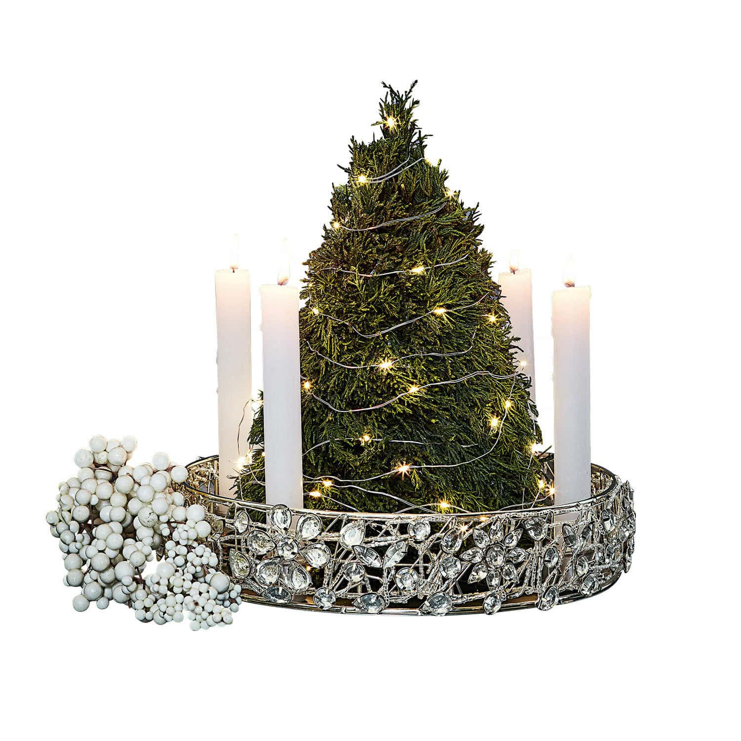 Kaarsenhouder Hope Kerstkandelaar met witte kaarsen en groene kerstboomdecoratie met LED-lichtjes