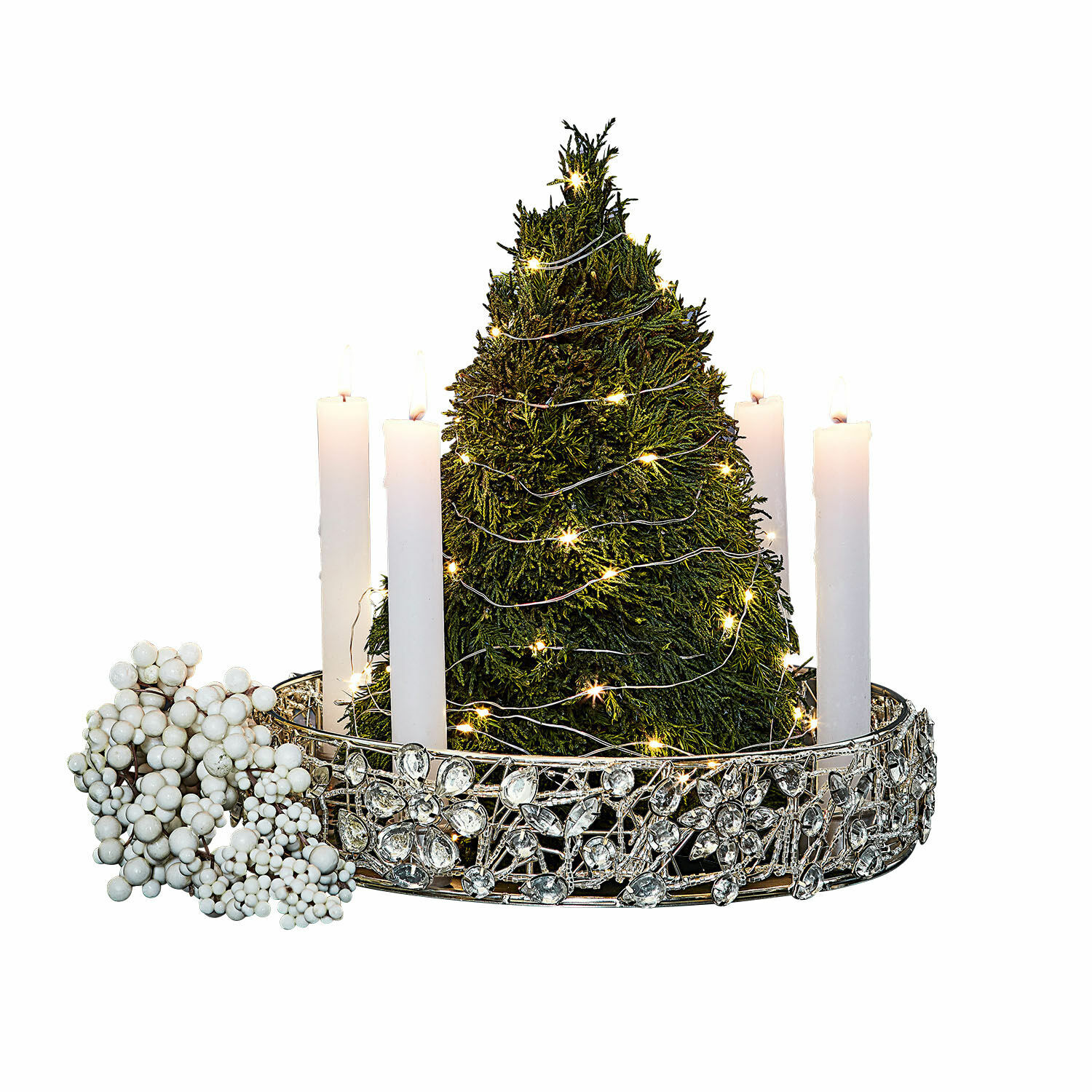Kaarsenhouder Hope Kerstkandelaar met witte kaarsen en groene kerstboomdecoratie met LED-lichtjes