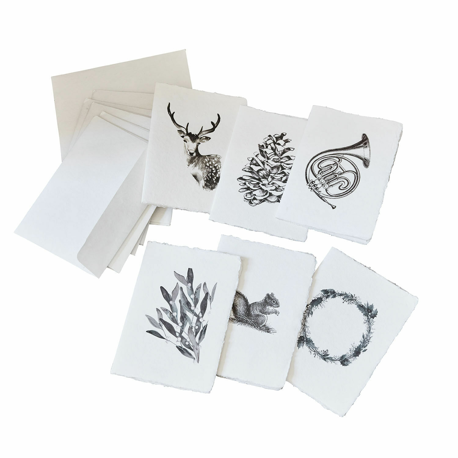 Wenskaart set van 6 Previa Set witte kaarten met hert, dennenappel, eekhoorn en krans op artistiek papier