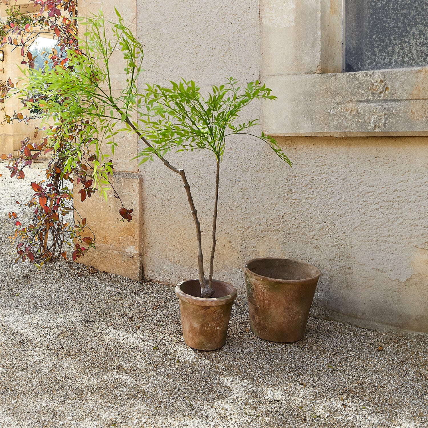 Decoratieve potplant, 2e keuze Avenelle Twee rustieke bruine terracotta plantenpotten op grind buiten tegen een muur geplaatst