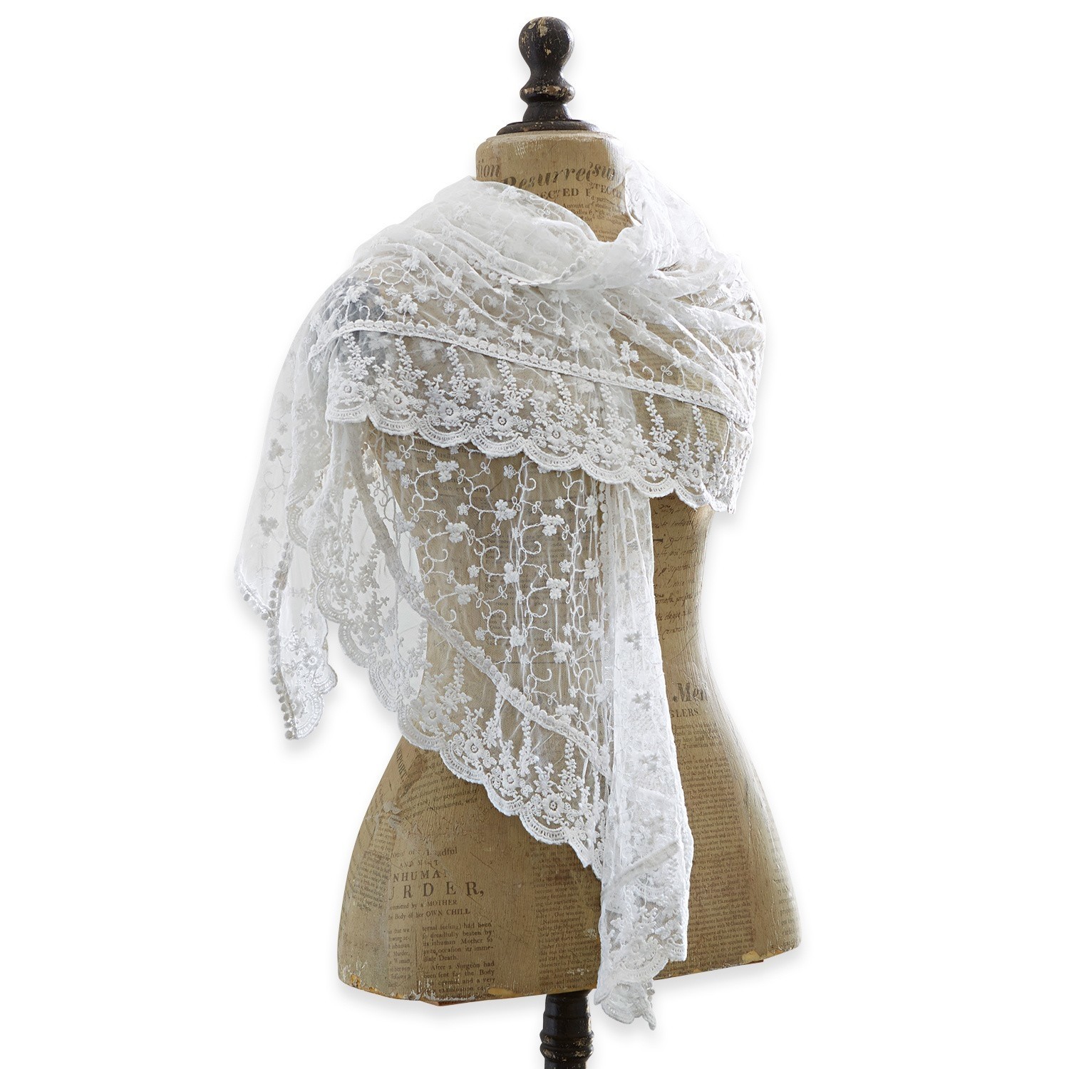 Sjaal Belvéze Witte kanten sjaal met fijn bloemmotief op paspop, elegante modeaccessoire