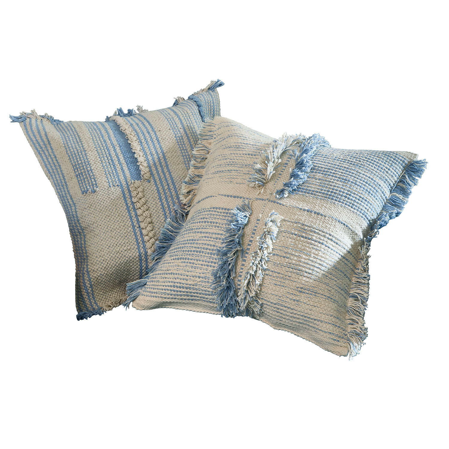 Kussenhoes set van 2 Ciel d'Azur Twee decoratieve katoenen kussens in crème-blauw met strepen en franjes, zacht en stijlvol