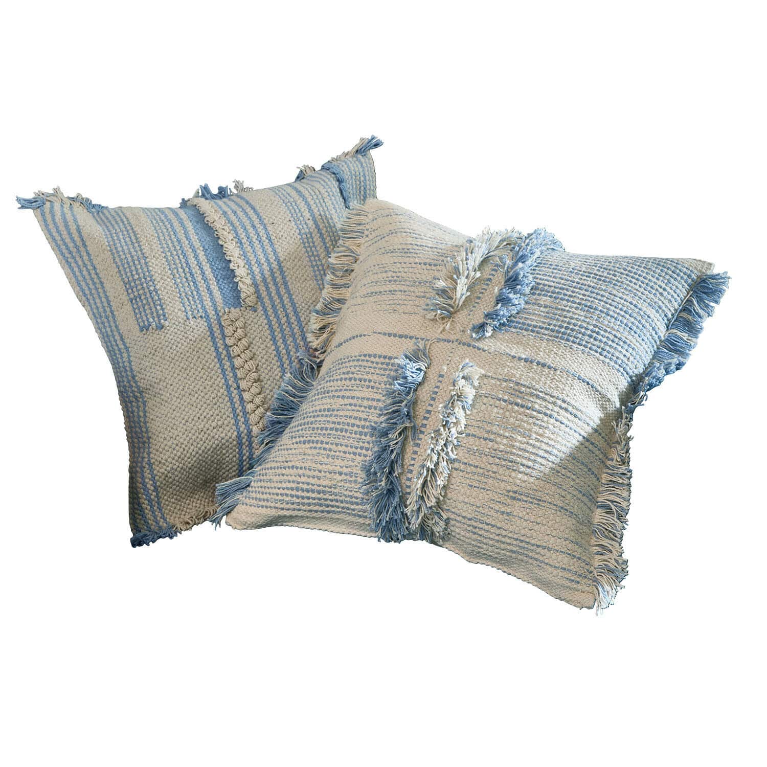 Kussenhoes set van 2 Ciel d'Azur Twee decoratieve katoenen kussens in crème-blauw met strepen en franjes, zacht en stijlvol