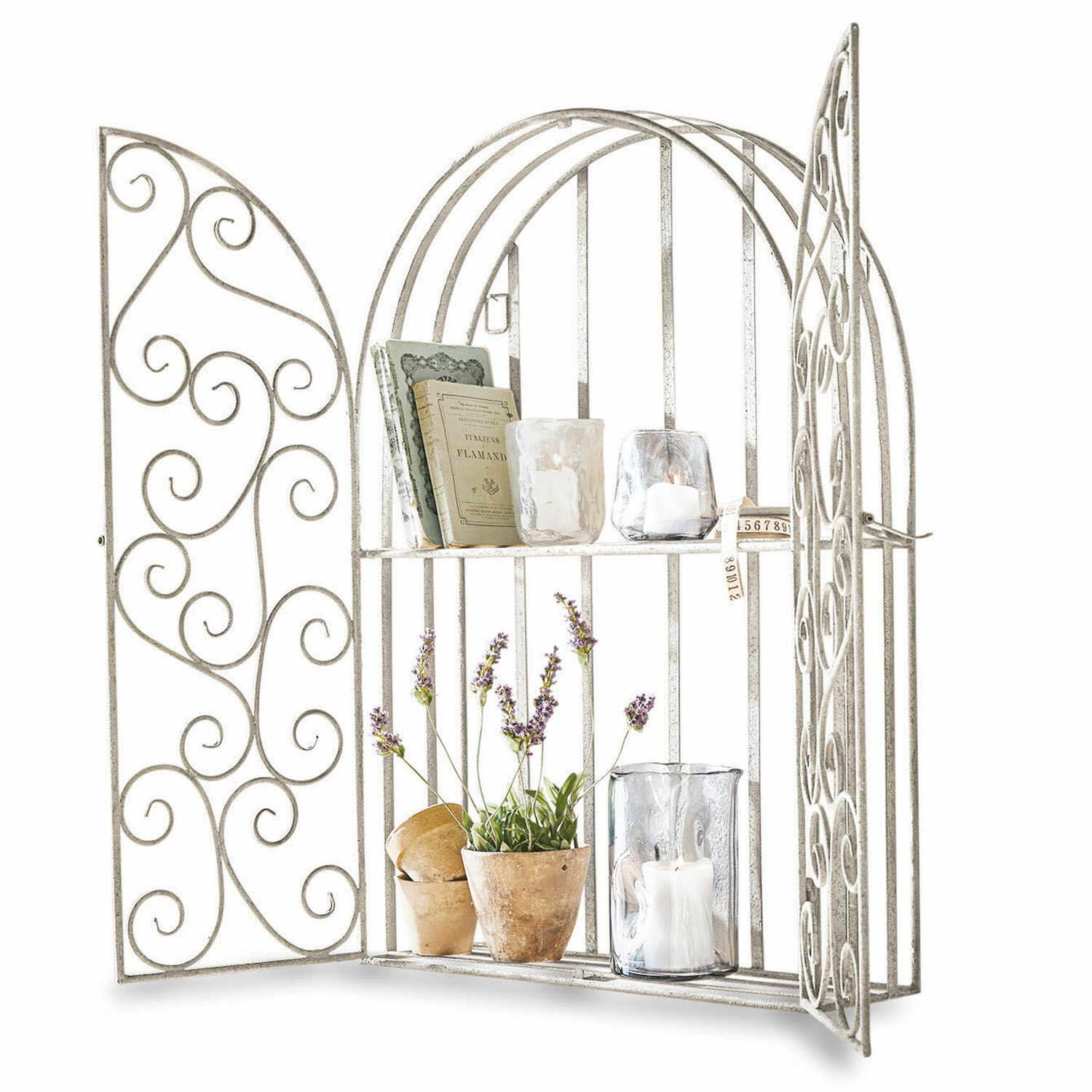 Wandrek Chambellay Witte metalen wandplank met decoratieve deuren, lavendel en decoratieve kaarsen