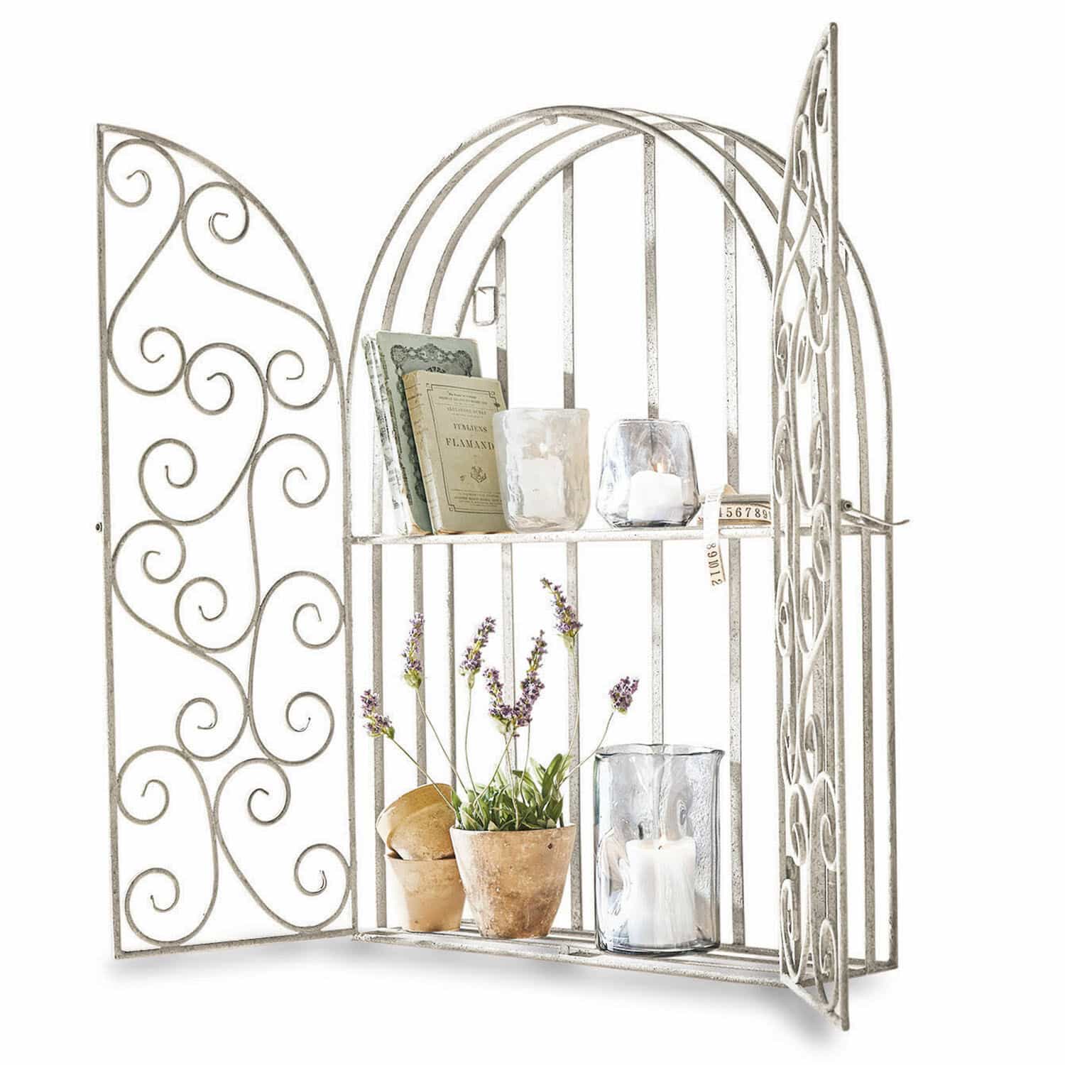 Wandrek Chambellay Witte metalen wandplank met decoratieve deuren, lavendel en decoratieve kaarsen