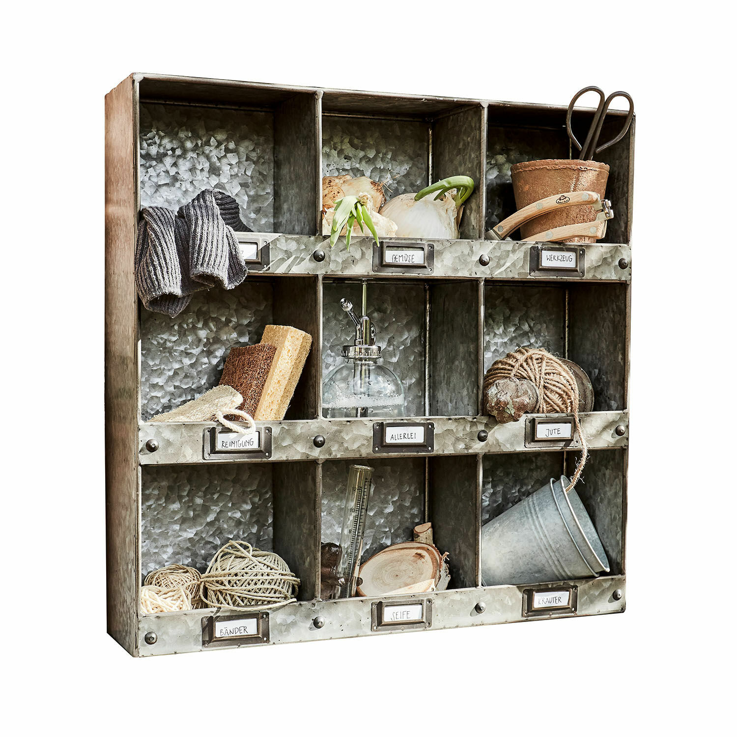 Wandrek Esttar Metalen kast met 12 vakken voor tuingereedschap en vintage accessoires van gegalvaniseerd staal
