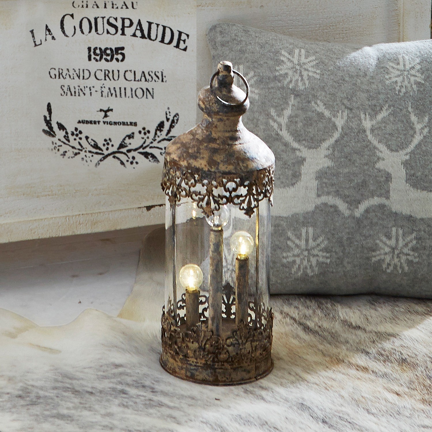 Lantaarn Cosette Decoratieve lantaarn van metaal en glas in vintage stijl, bruin, voor binnen en buiten