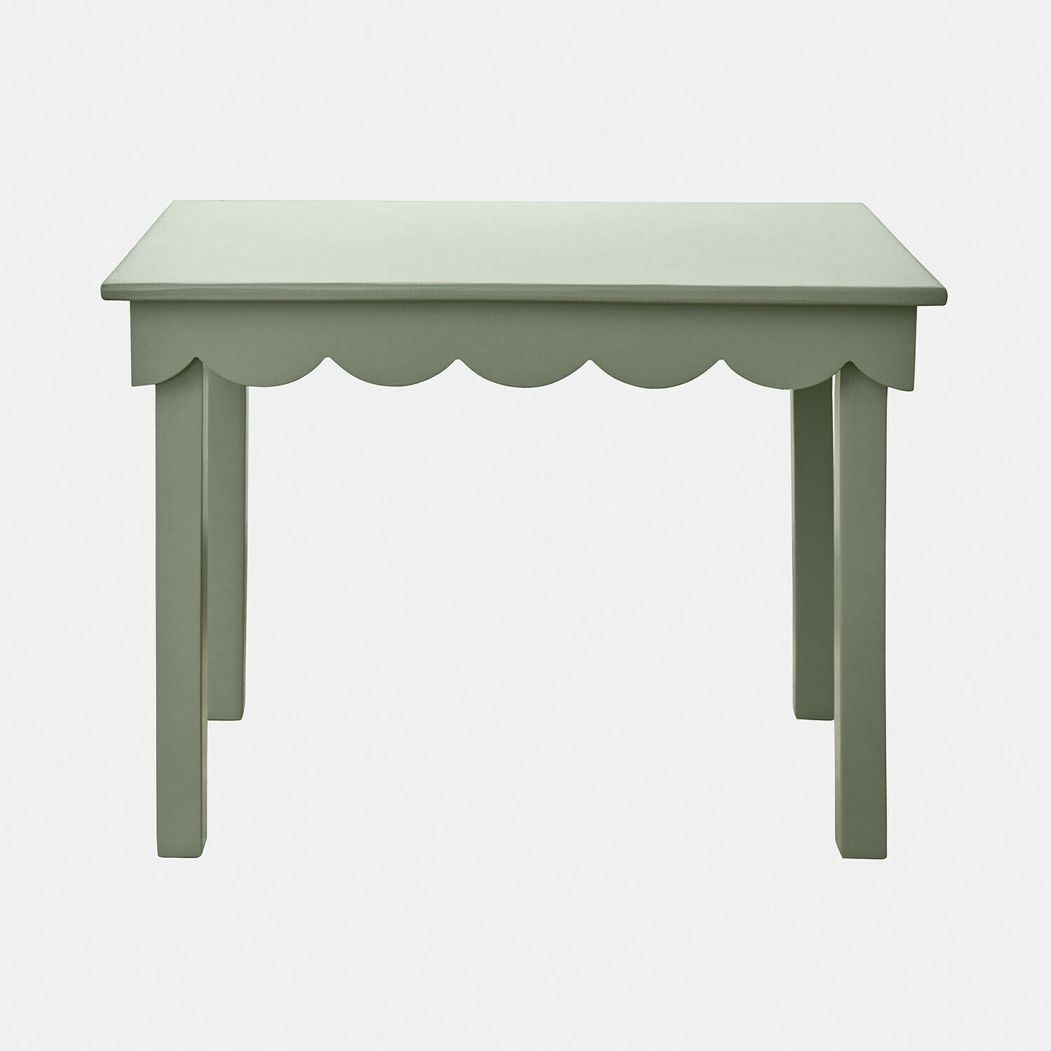 Groene houten kindertafel Poussinou met decoratieve golvende rand, meubel voor kinderkamer