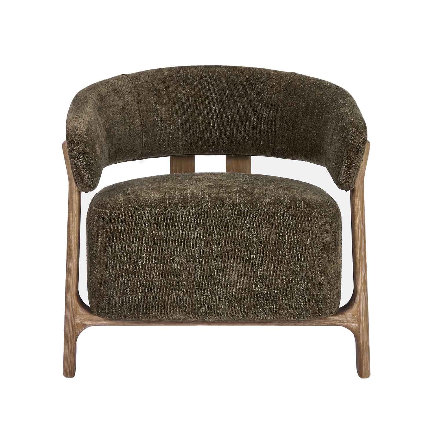 Fauteuil met donkergroene bekleding en rugleuning op houten frame, modern en comfortabel ontwerp