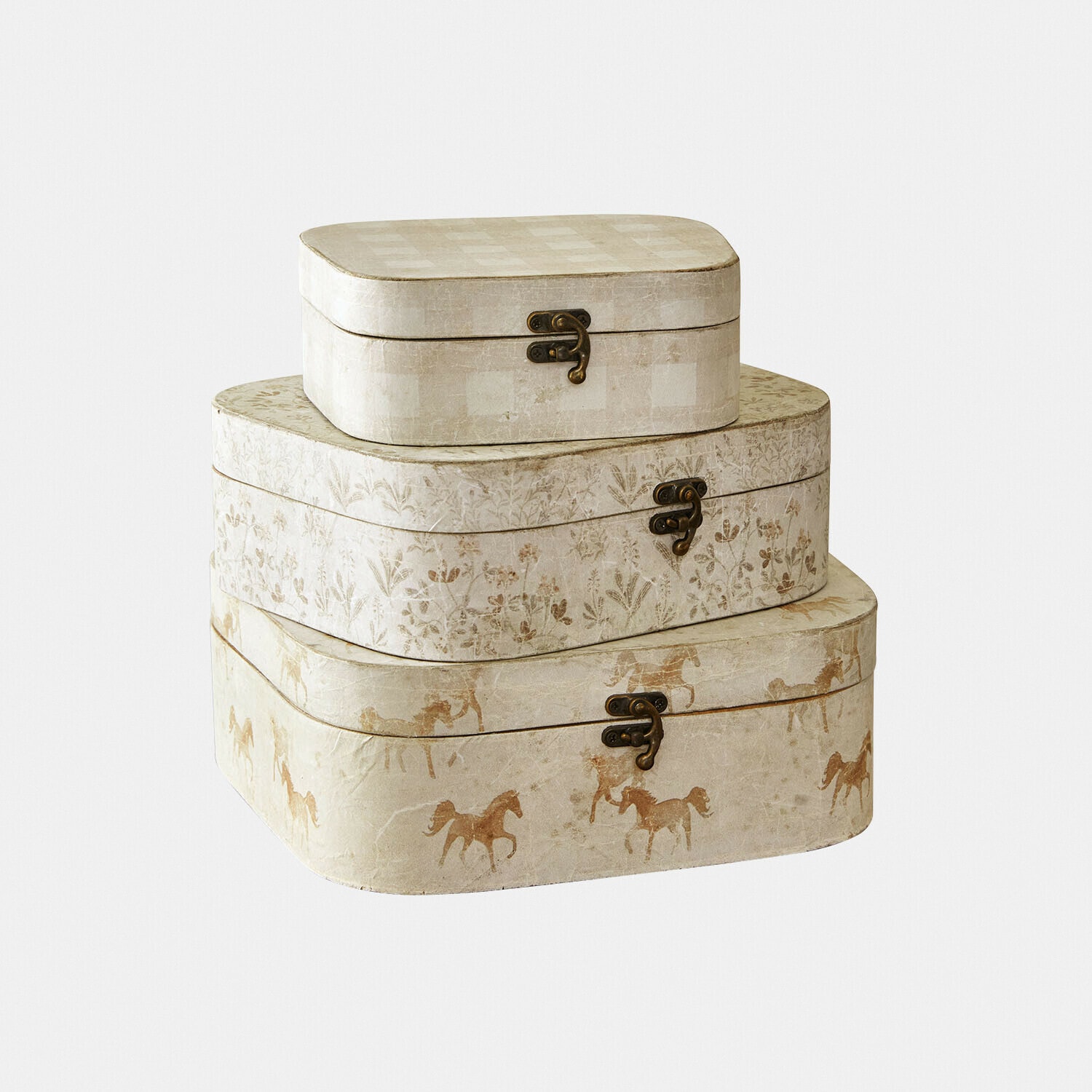 Set van drie decoratieve papieren dozen in beige met paarden- en plantenmotieven, stijlvolle opbergdozen