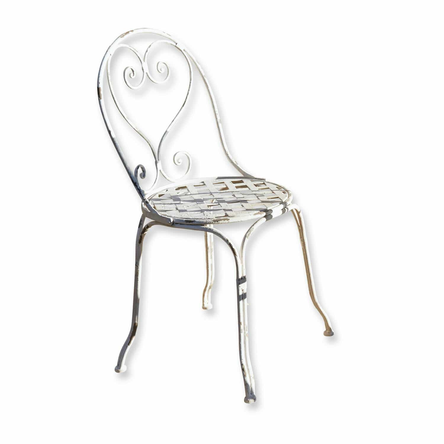 Stoel Aube Witte metalen tuinstoel met geperforeerde zitting en decoratieve rugleuning in vintage stijl