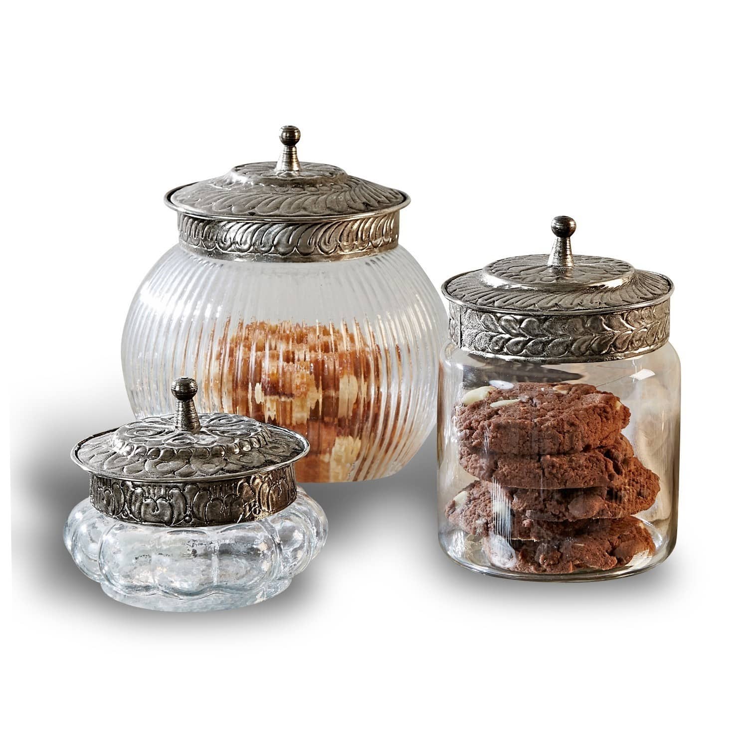 Pot set van 3 Plévin Set van drie glazen potten met decoratieve metalen deksels voor koekjes en snacks