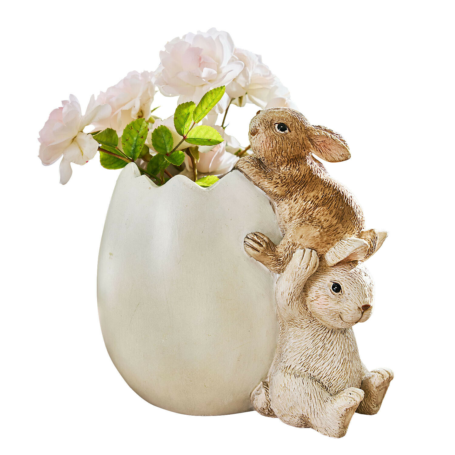 Witte keramische vaas in eierschaalvorm met twee bruine konijnen en roze bloemen