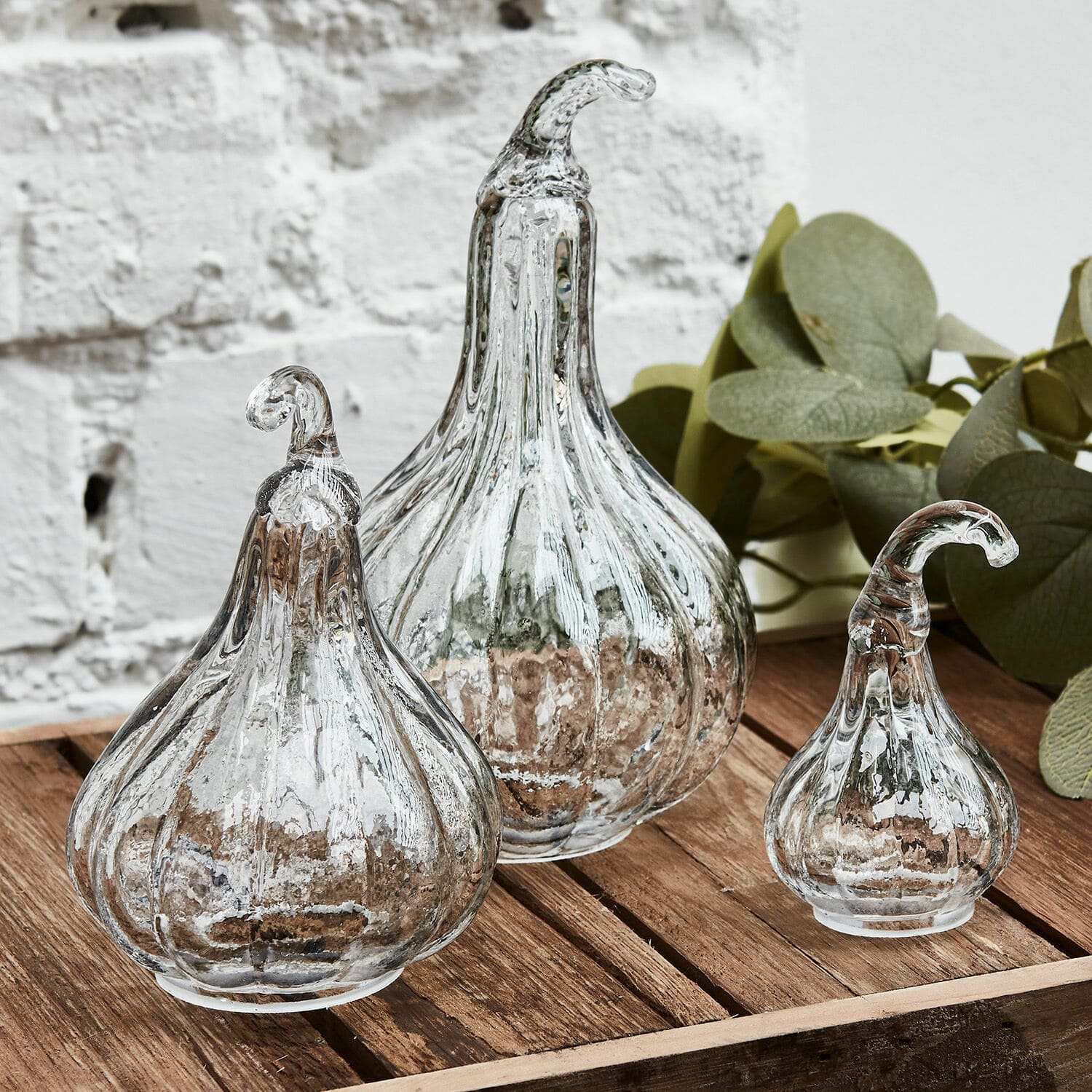 Pompoen set van 3 Lacey Set van drie decoratieve doorzichtige glazen pompoenen op houten tafel, interieurdecoratie