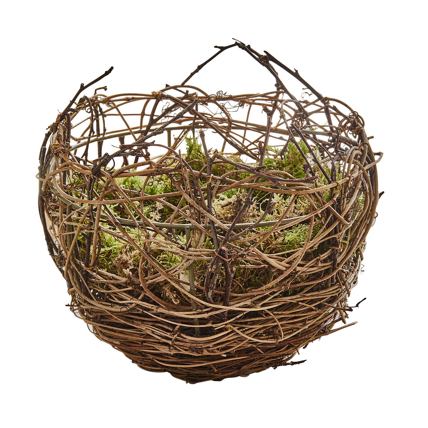 Decoratieve mand van natuurlijke takken met groen mos, rustiek woonaccessoire