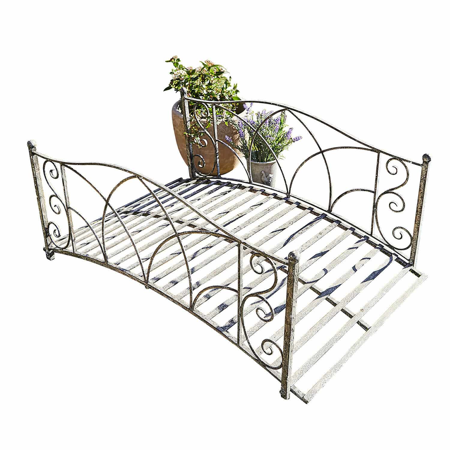 Decoratieve brug Escàs Vintage metalen tuinbank met decoratieve versieringen en ruimte voor planten
