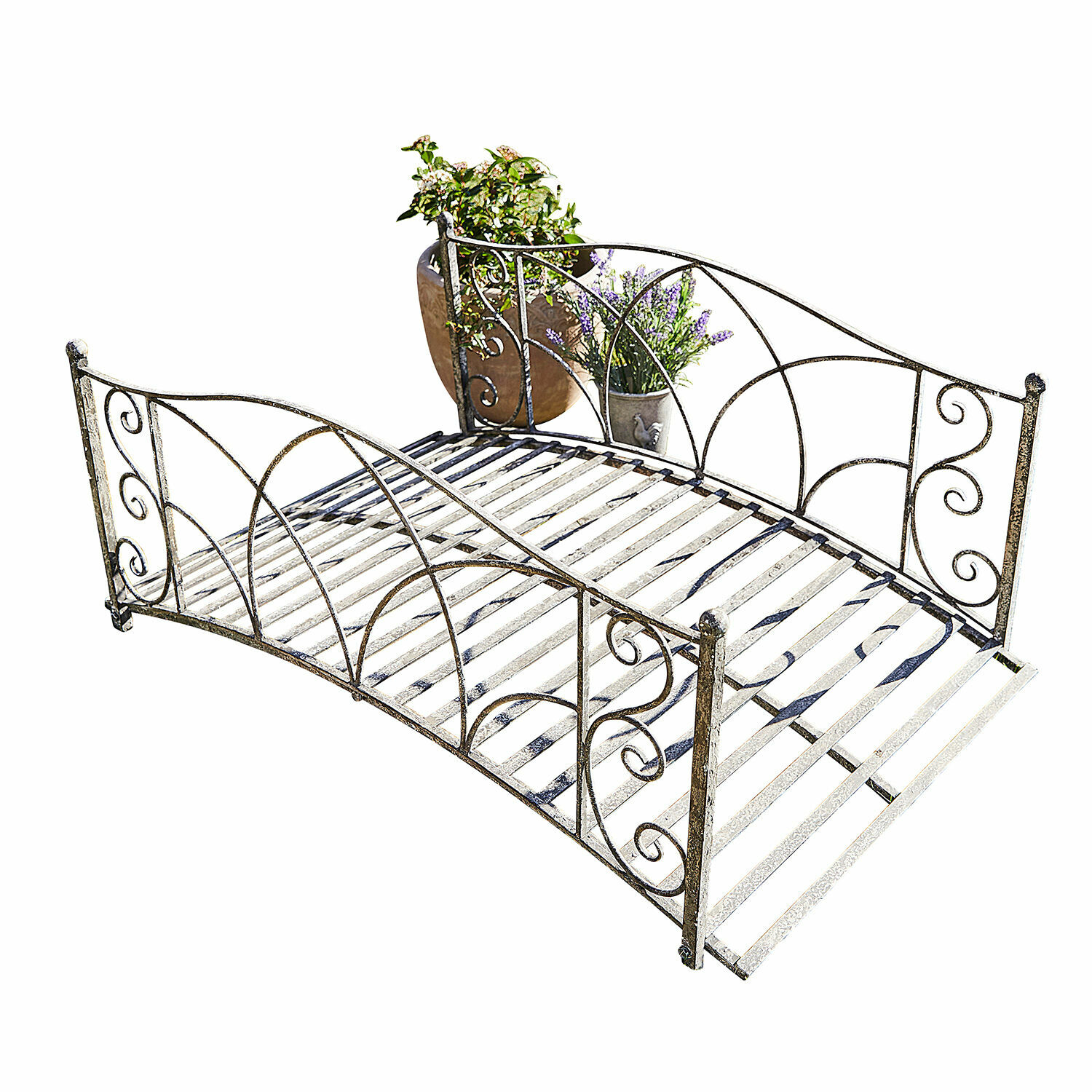 Decoratieve brug Escàs Vintage metalen tuinbank met decoratieve versieringen en ruimte voor planten