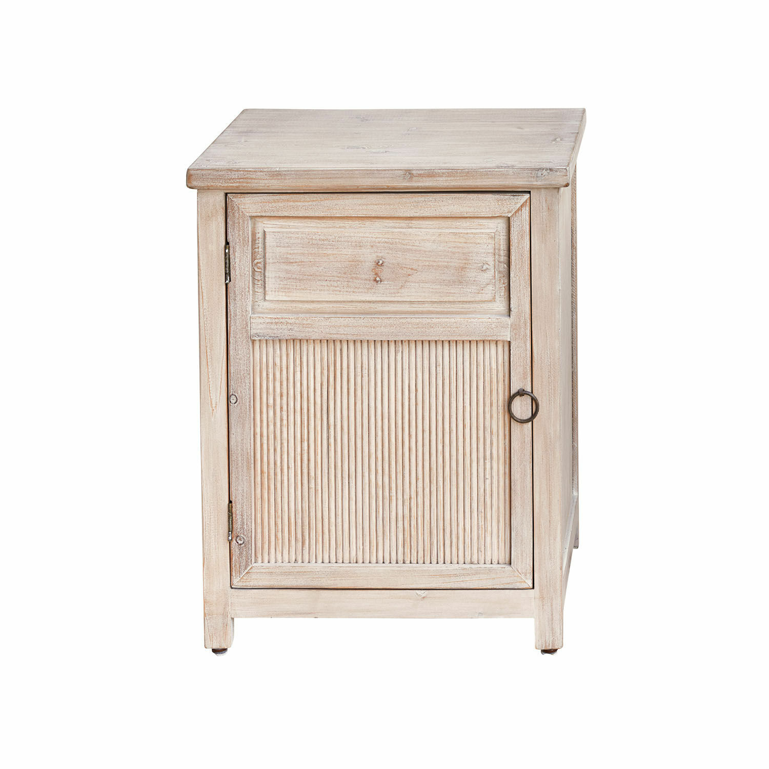 Bruine houten nachtkastje met geribbelde deur en metalen handgreep voor slaapkamer