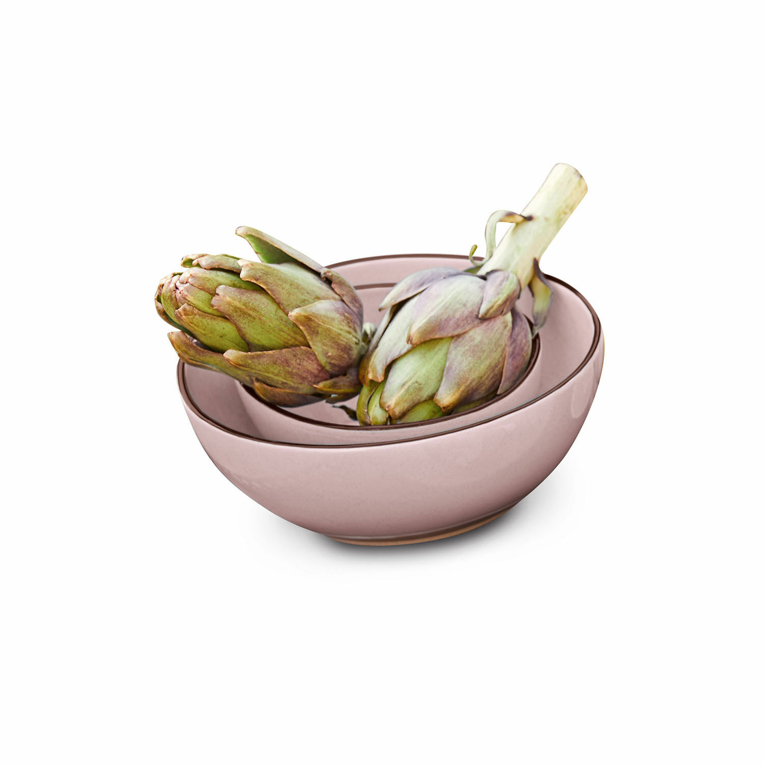 Set van twee roze keramische Biarritz kommen met groene artisjokken, keukenaccessoire