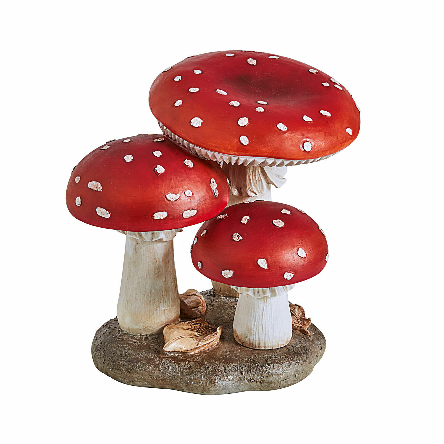Sierpaddenstoel Lupton Decoratie van drie rode paddenstoelen met witte stippen op bruine basis met bladeren, tuindecoratie