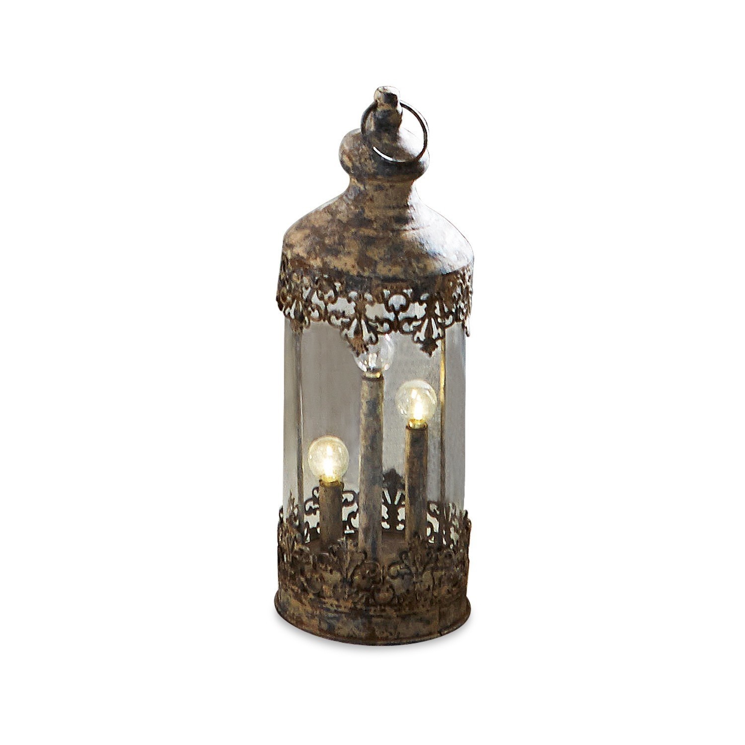 Lantaarn Cosette Decoratieve metalen lantaarn in vintage stijl met drie lampjes en roestkleurig opengewerkt patroon