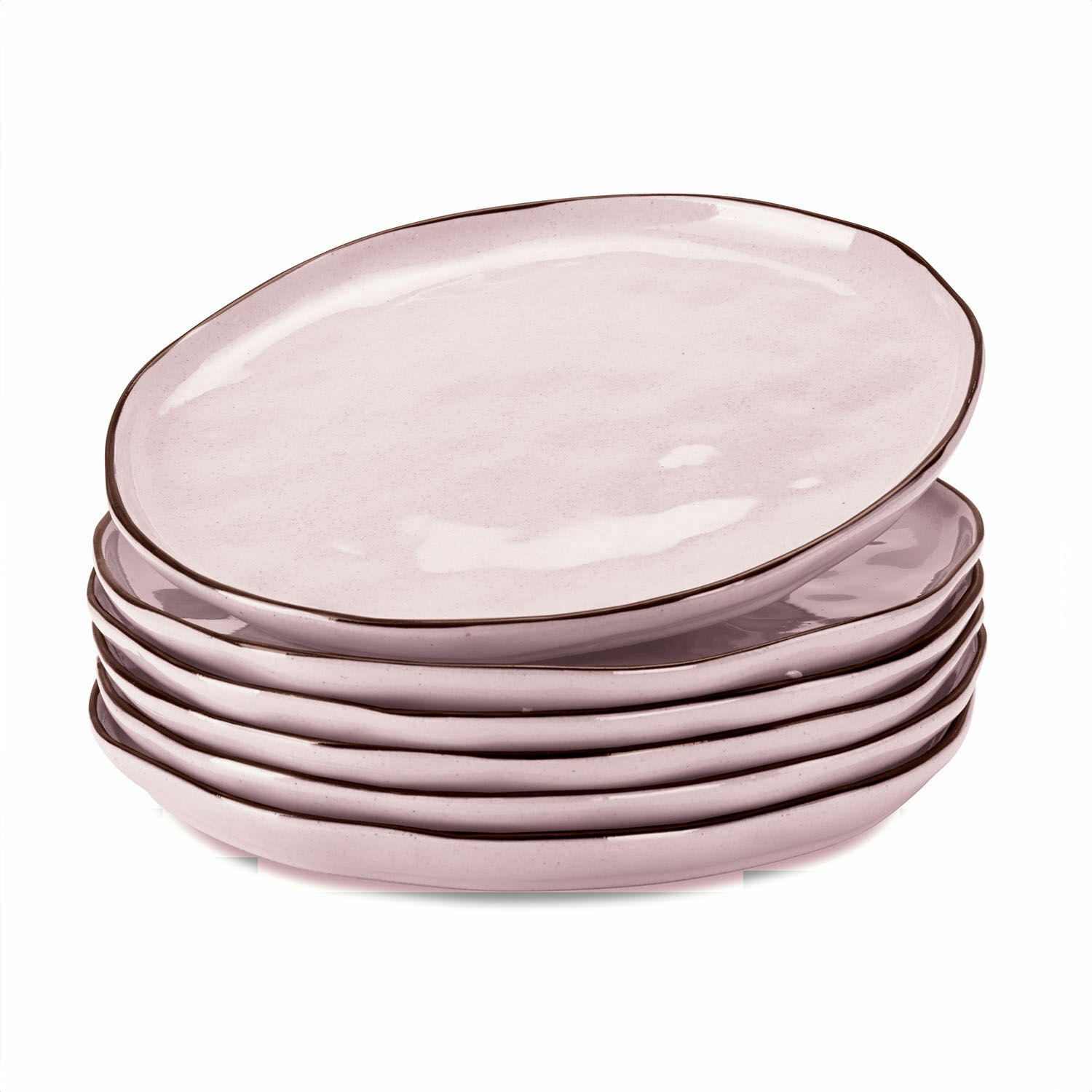 Bord set van 6 Biarré Set van zes roze keramische borden met bruine rand voor de eettafel