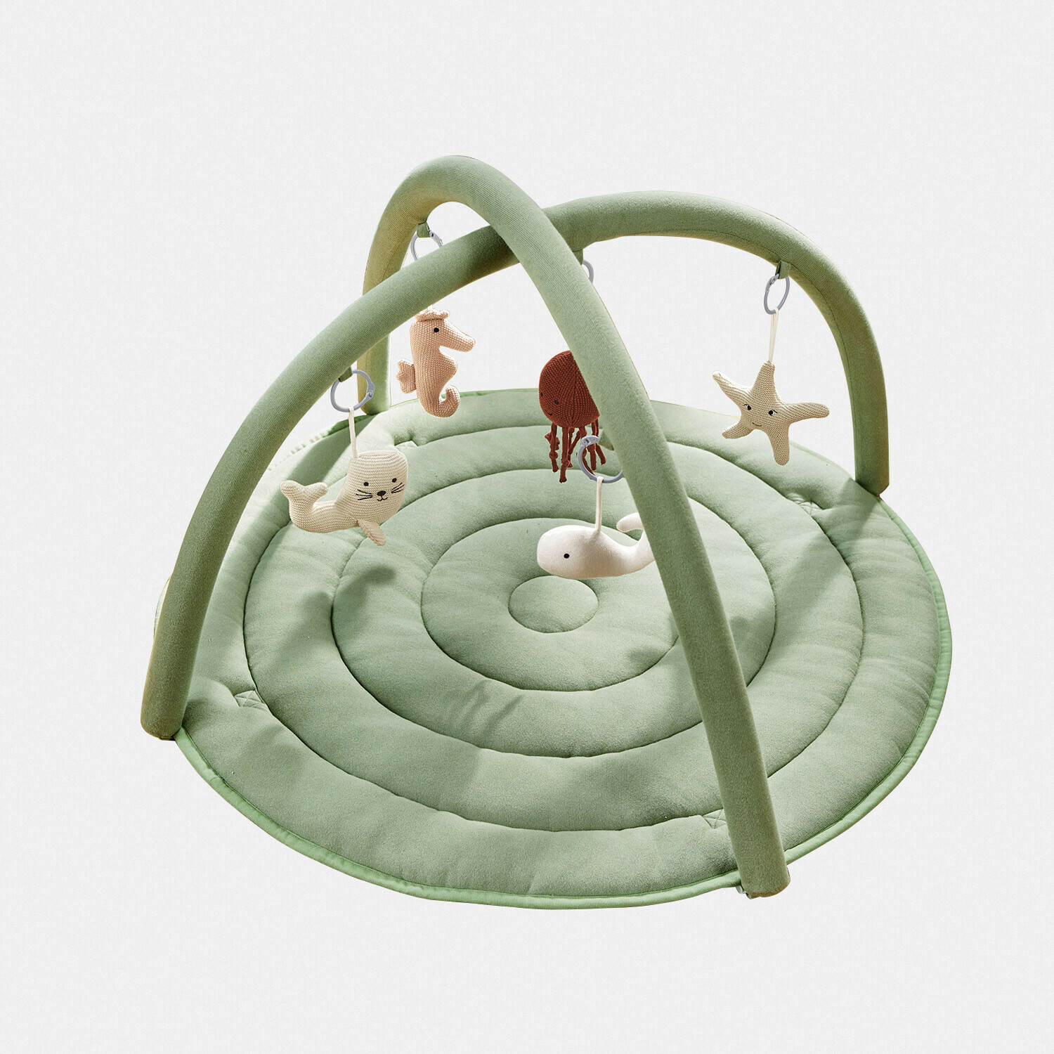 Zachte groene speelmat met bogen en hangende zee-dieren speelgoed voor baby's