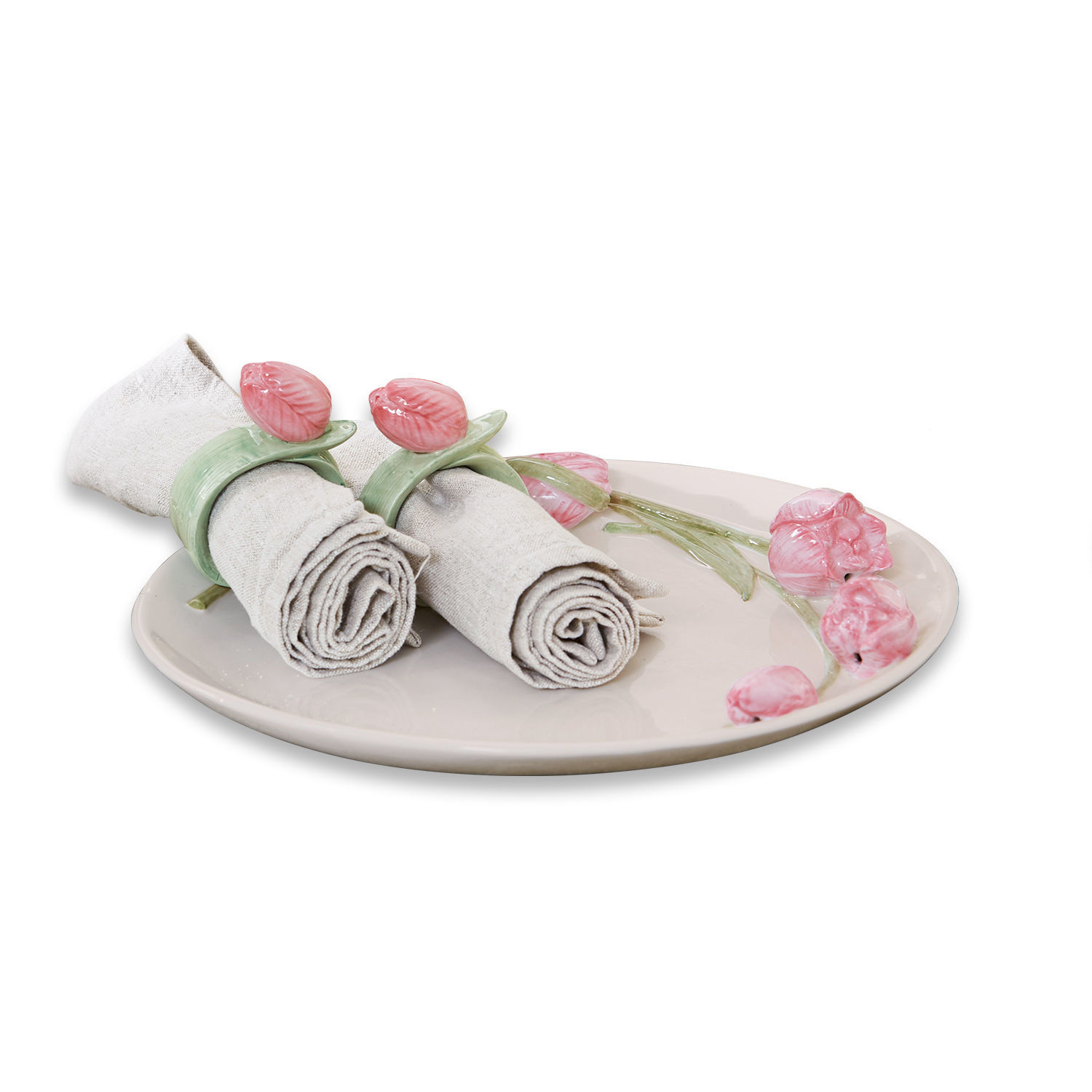 Bord Monique Keramische schaal met roze bloemen en linnen servetten met groene ringen voor tafel