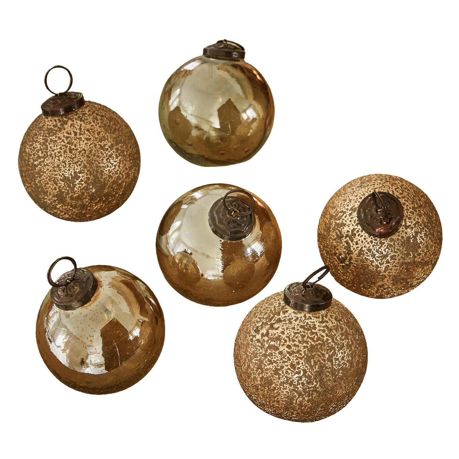 Kerstbal set van 6 Fioravino Set van zes gouden glazen kerstballen met verschillende texturen voor feestelijke decoratie