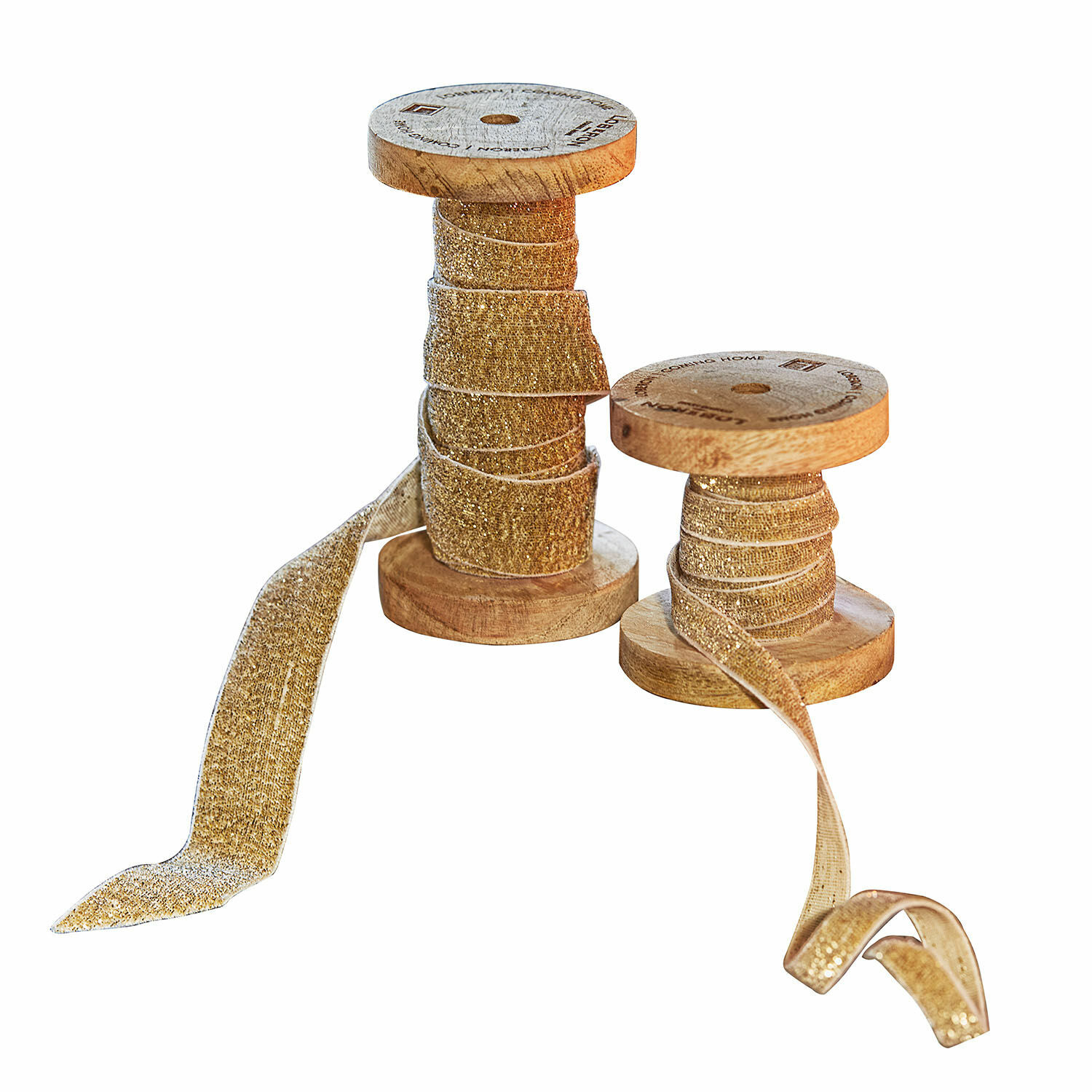Set van 2 gouden fluwelen linten op houten spoelen voor decoratie en knutselen