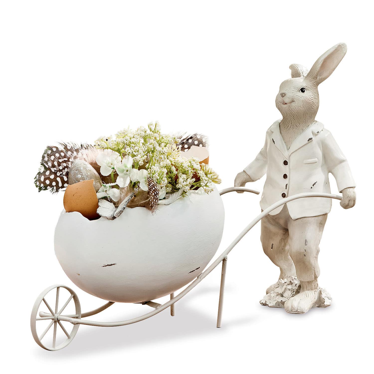 Haas Jaris Decoratieve witte metalen konijn duwt kruiwagen met eivormige bloempot en bloemen