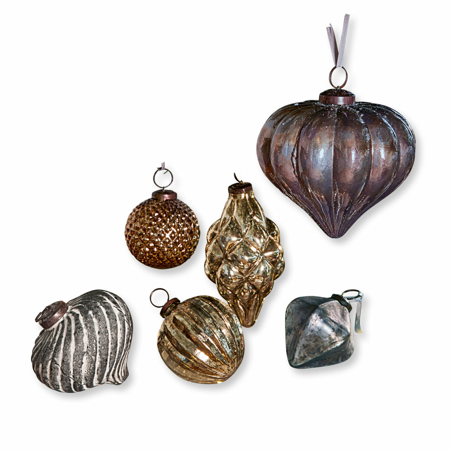 Kerstversiering set van 6 Alva Set van zes metalen kerstversieringen in diverse vormen en kleuren voor boomdecoratie