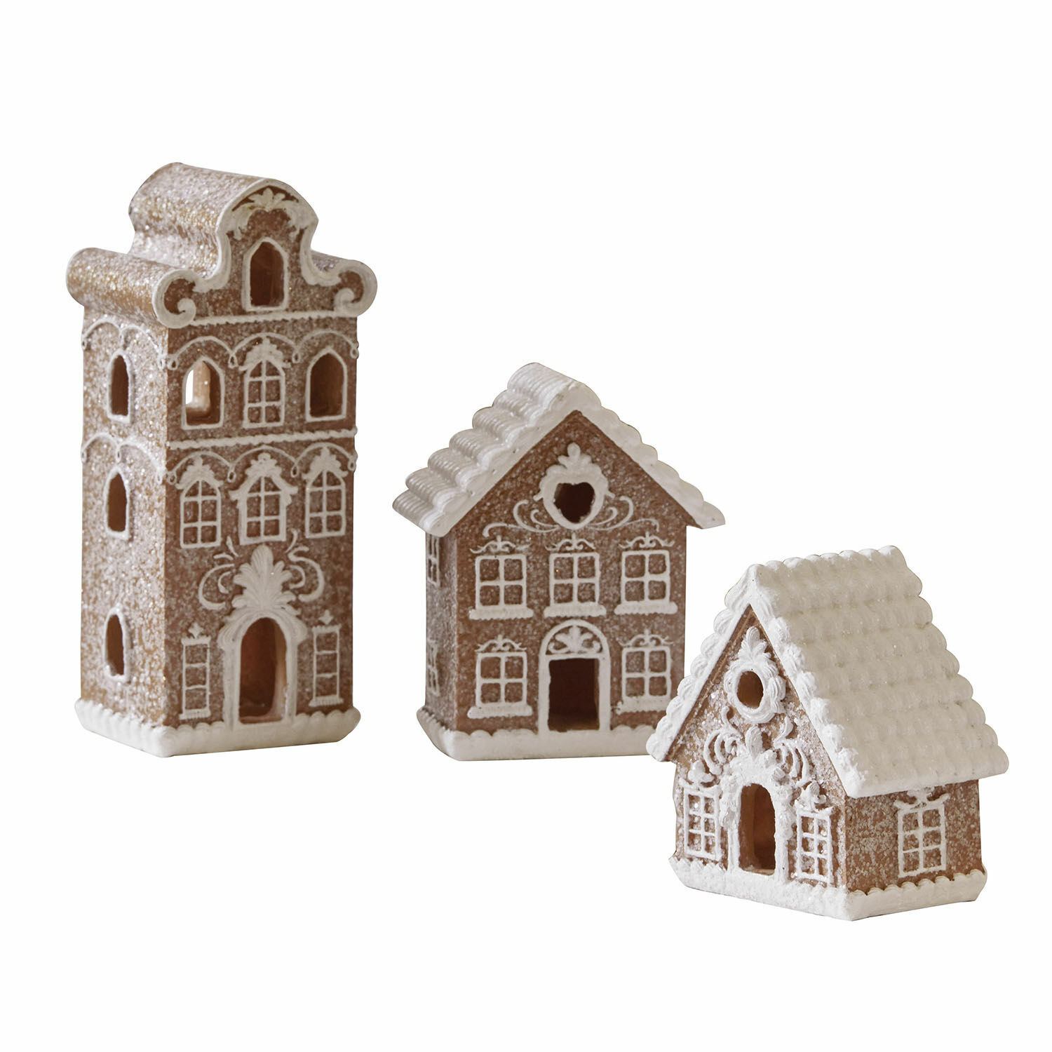 Sierhuisje set van 3 Gabin Set van drie bruine keramische peperkoekhuisjes met witte versieringen als feestelijke decoratie