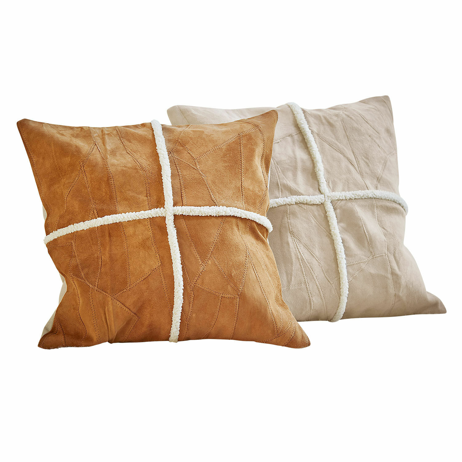 Kussenhoes set van 2 Raminya Set van twee decoratieve suède kussens in bruin en beige met wit kruispatroon voor woonkamer