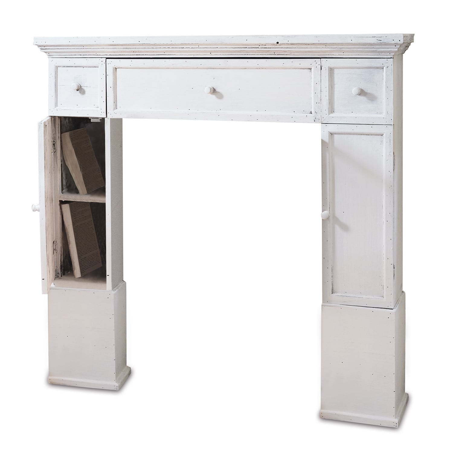 Witte houten schoorsteenkonsol Konterra met lades en boekenopslag, vintage stijl