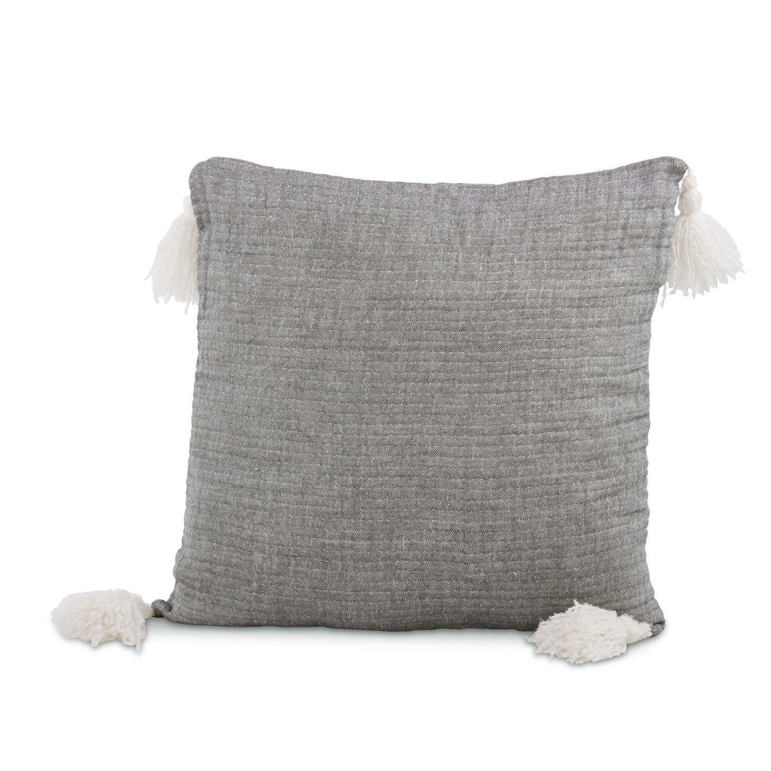 Grijs sierkussen met witte kwastjes, zachte stof, stijlvolle woonaccessoire