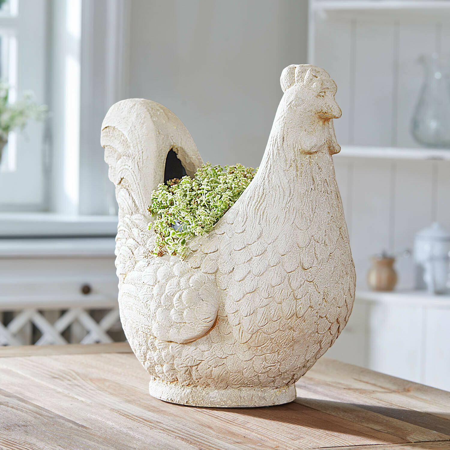 Licht stenen bloempot in kipvorm met groene plant, decoratie voor binnen en buiten