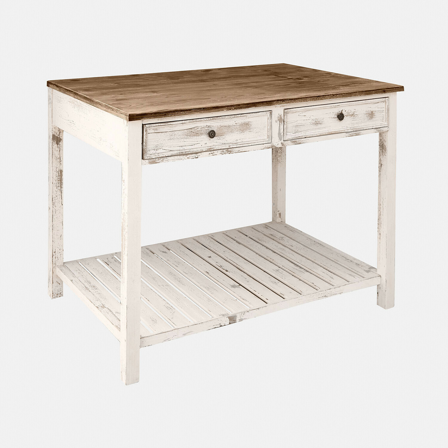 Plantentafel Mairoux Rustieke houten tafel met witte verweerde onderkant en bruin blad, praktische woonkamermeubel