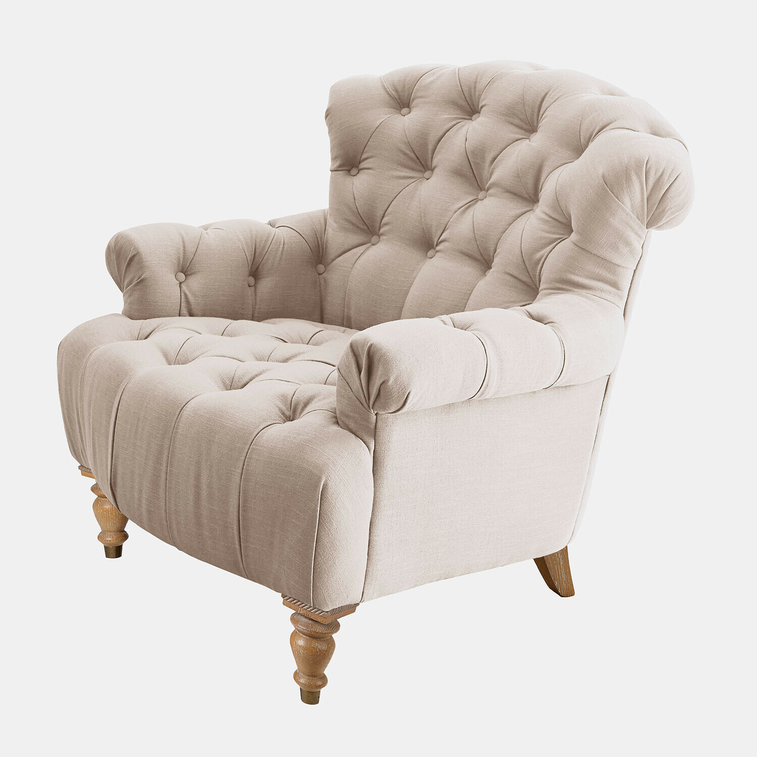 Fauteuil Springfield Beige stoffen fauteuil met houten poten, comfortabele stoel voor woonkamer