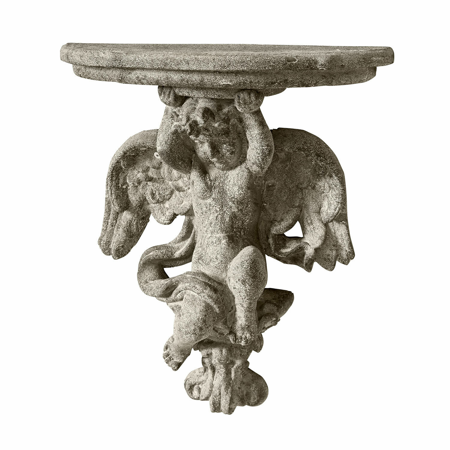 Wandconsole Deronza Grijze stenen wandtafel met gebeeldhouwde engel, decoratief meubel voor tuin of interieur