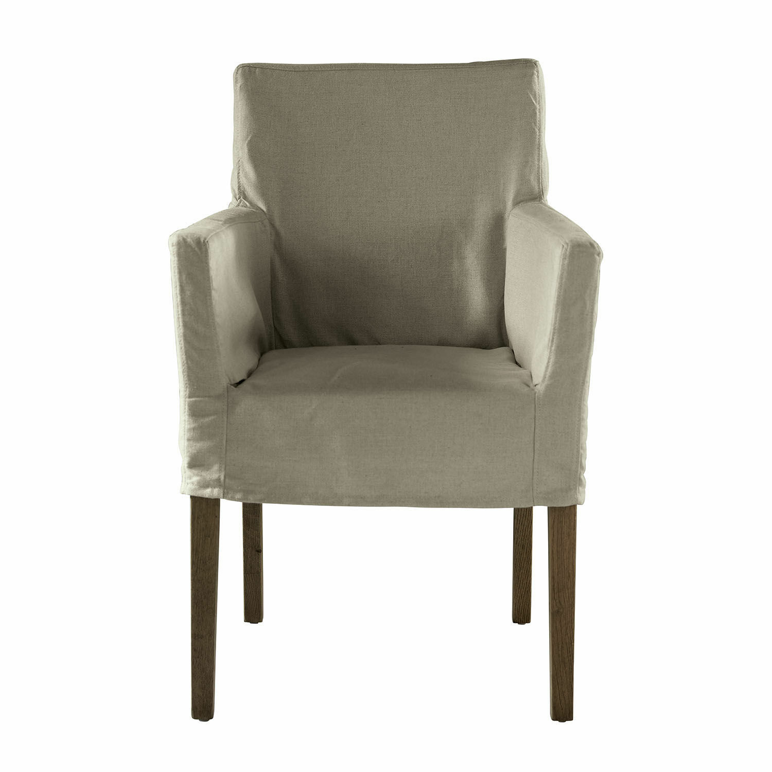 Beige Longhill stoel van stof met bruine houten poten, comfortabele woonkamerstoel