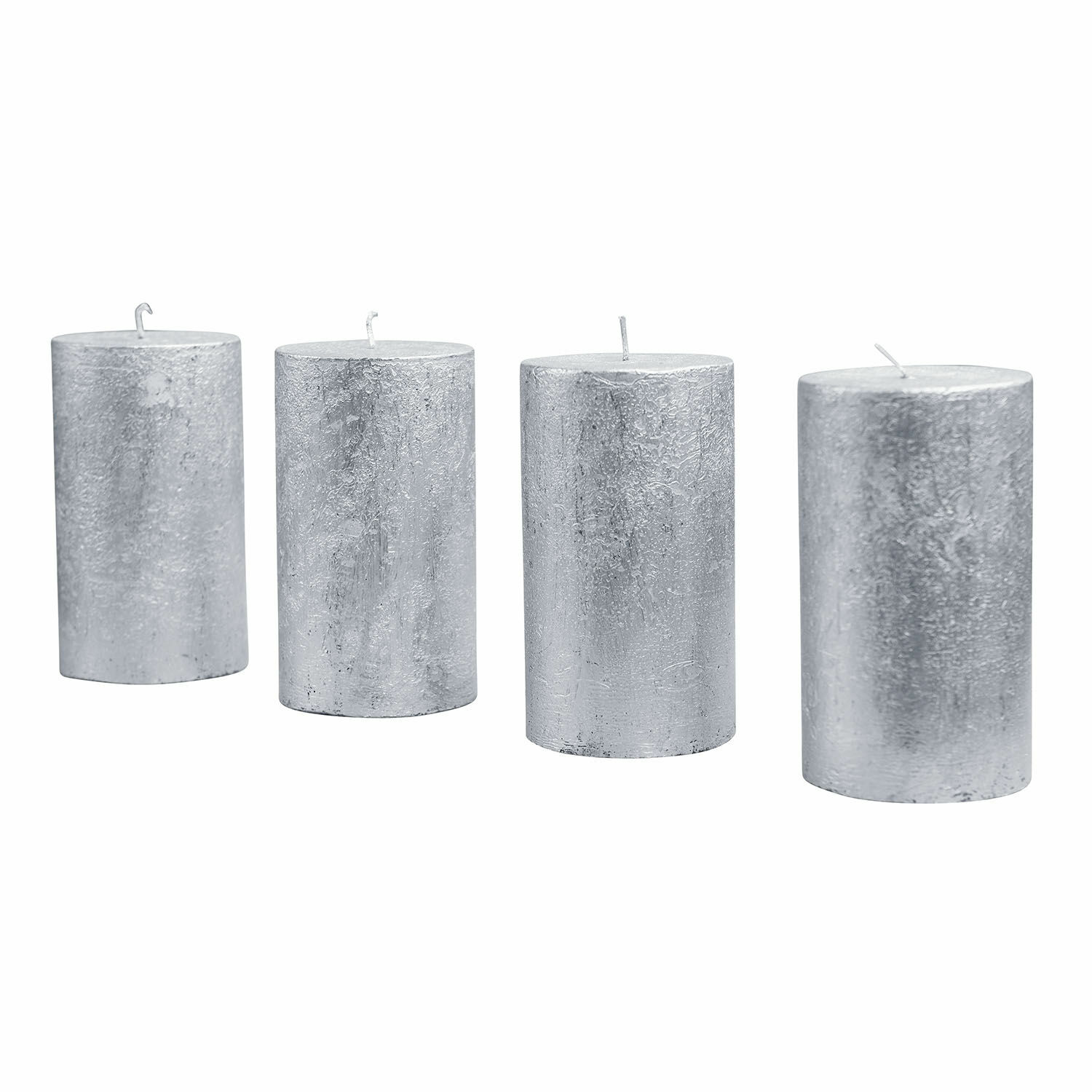 zilverkleurig Set van 4 zilveren Braga kaarsen met gestructureerd oppervlak, interieurdecoratie, decoratieve kaarsen
