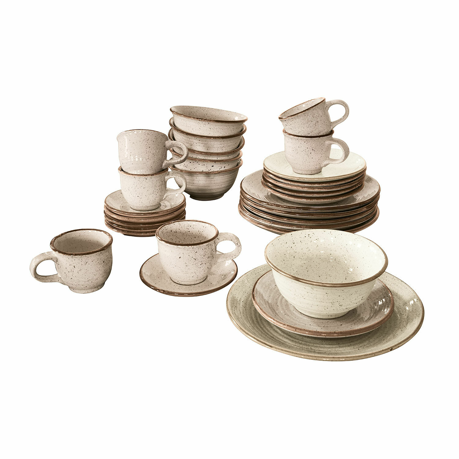 Servies set van 30 Murray Keramisch servies in crème met bruine rand, borden, kommen en kopjes gestapeld