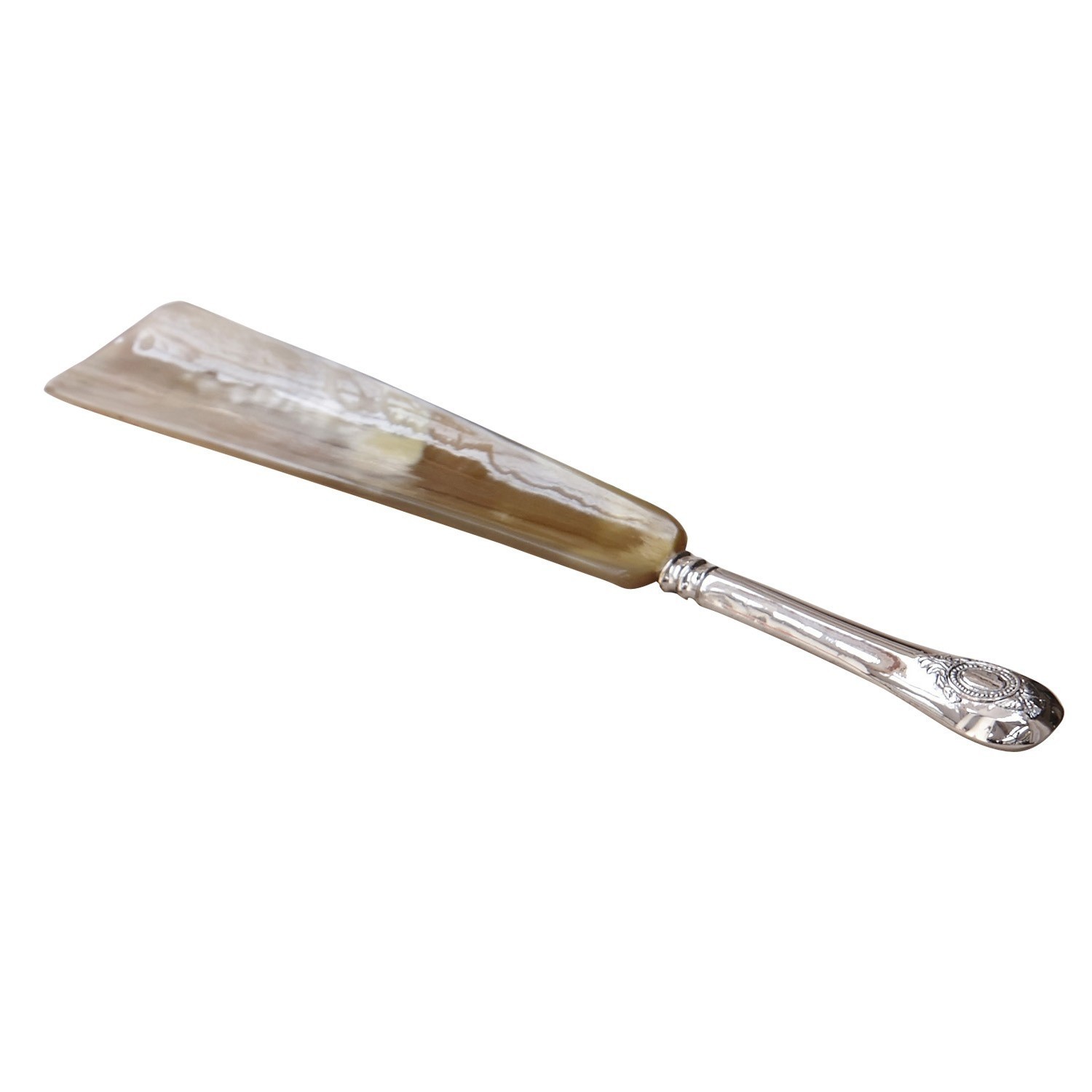 zilverkleurig Elegante schoenlepel Charles met natuurlijk blad en zilveren handvat, praktisch schoenaccessoire