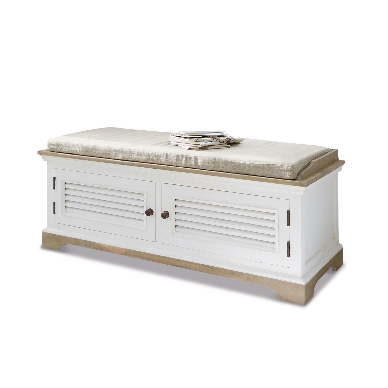 Bank Frauke Bank van mangohout in wit en naturel met beige kussen en opbergruimte voor tijdschriften
