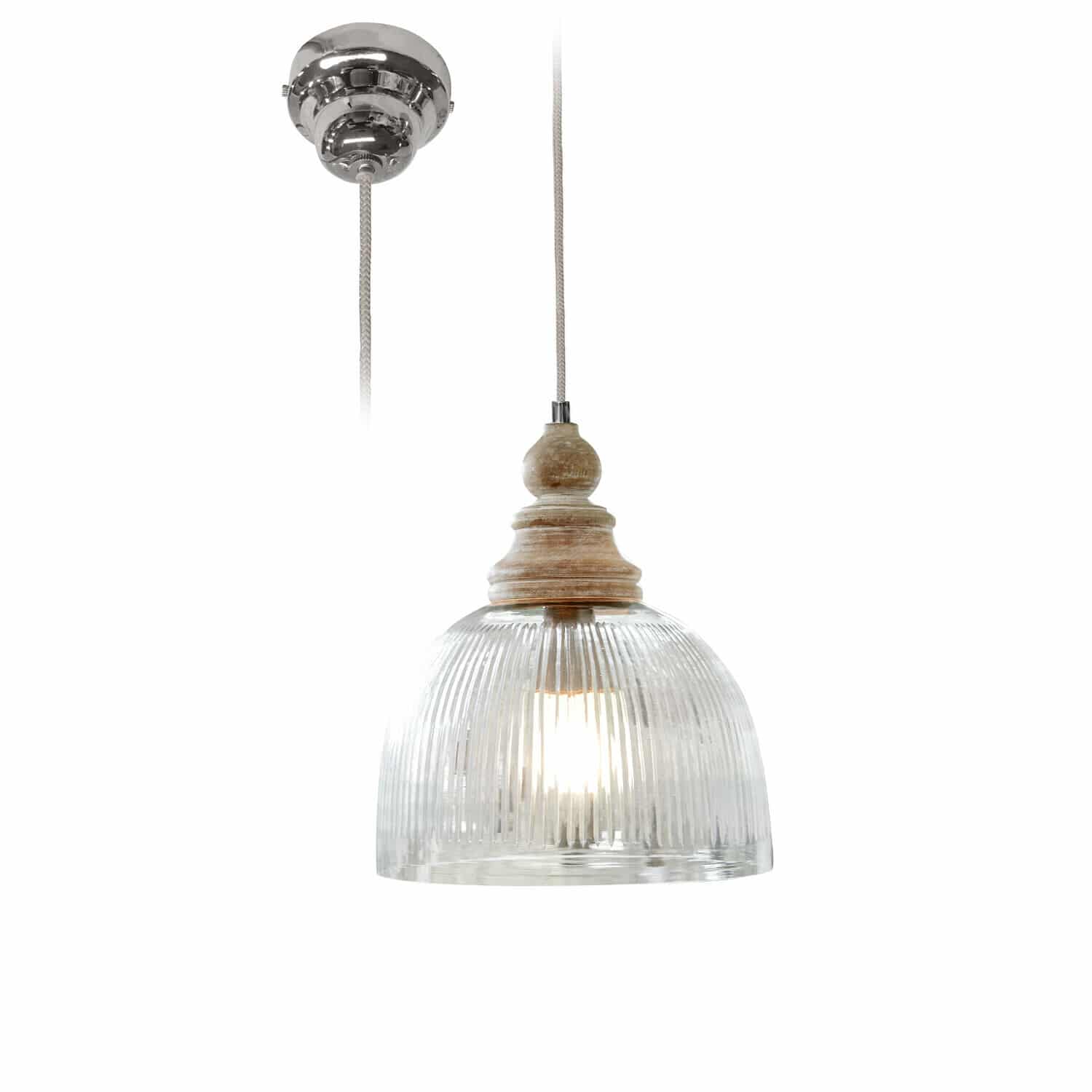 Hanglamp Lezáun Hanglamp van geribbeld helder glas met natuurlijk hout voor sfeervolle binnenverlichting