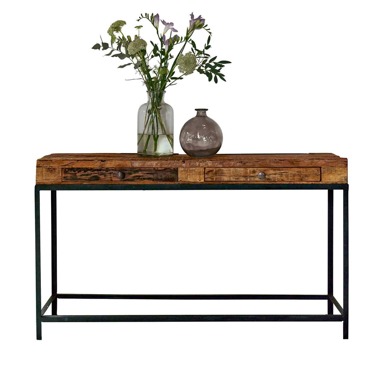 Wandtafel Rovino Houten en metalen sidetable met twee lades, gedecoreerd met vaas en verse bloemen