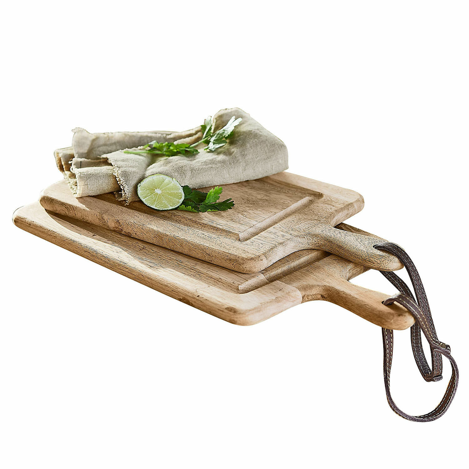 Snijplank set van 2 Lestino Set houten snijplanken met handvat en koord in natuurlijke houtkleur