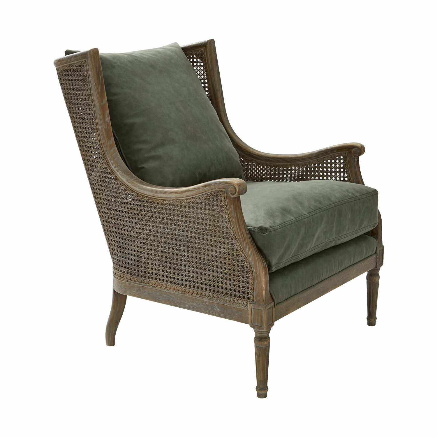 Fauteuil Greenbrier Fauteuil van hout en gevlochten materiaal met groene kussens van zachte stof voor woonkamer