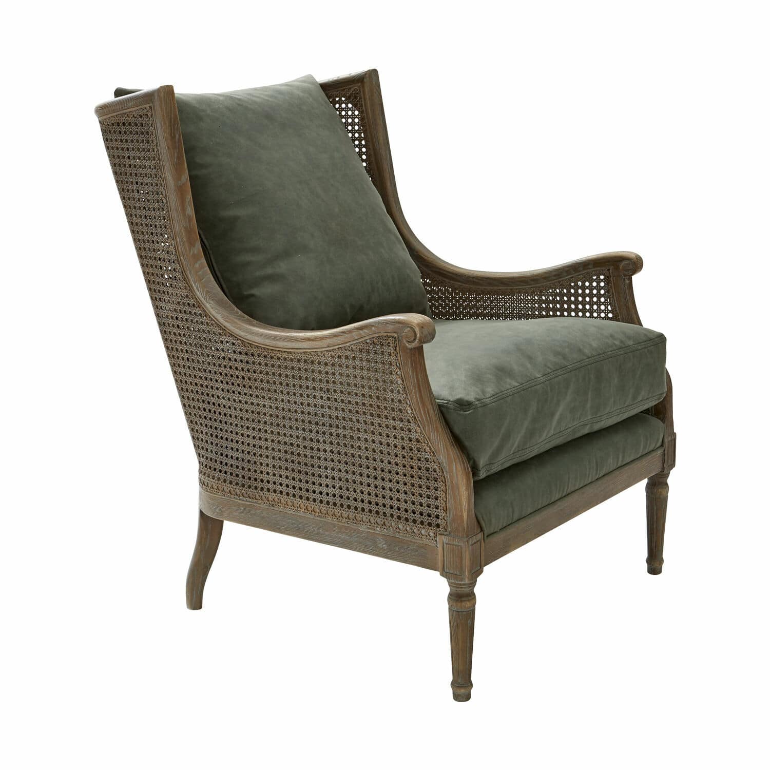Fauteuil Greenbrier Fauteuil van hout en gevlochten materiaal met groene kussens van zachte stof voor woonkamer